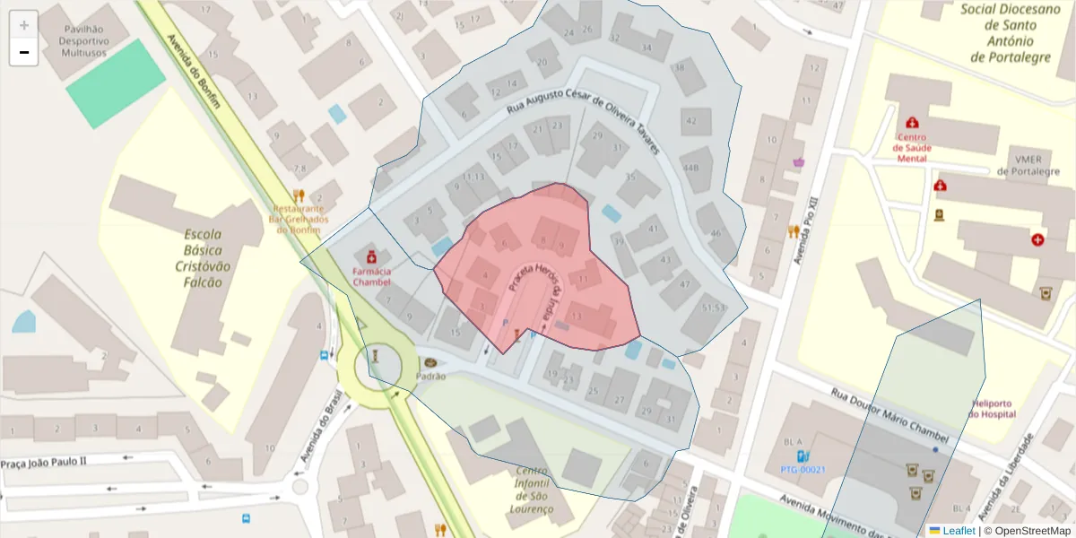 Mapa detalhado do código postal 7300-114 com limites, códigos postais vizinhos e agências dos correios