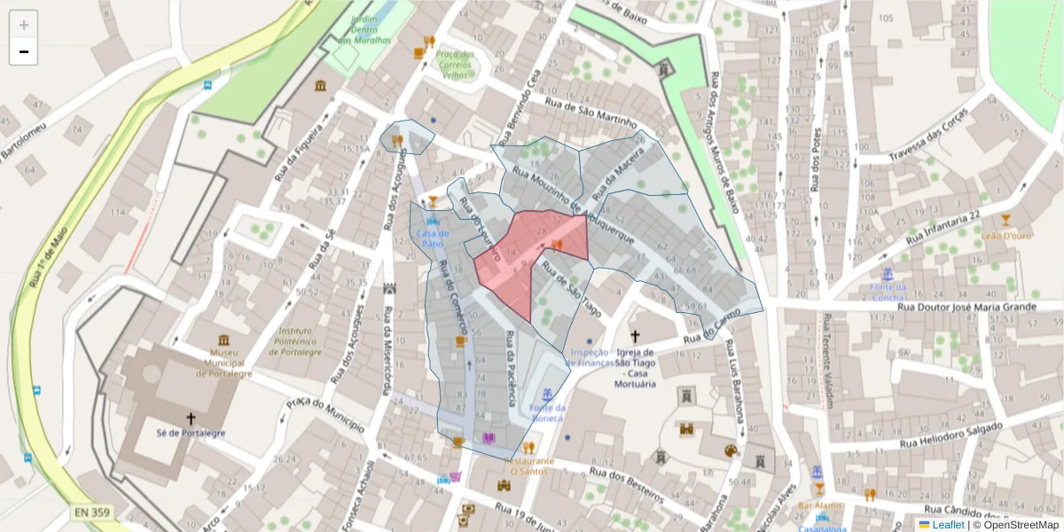 Mapa detalhado do código postal 7300-127 com limites, códigos postais vizinhos e agências dos correios
