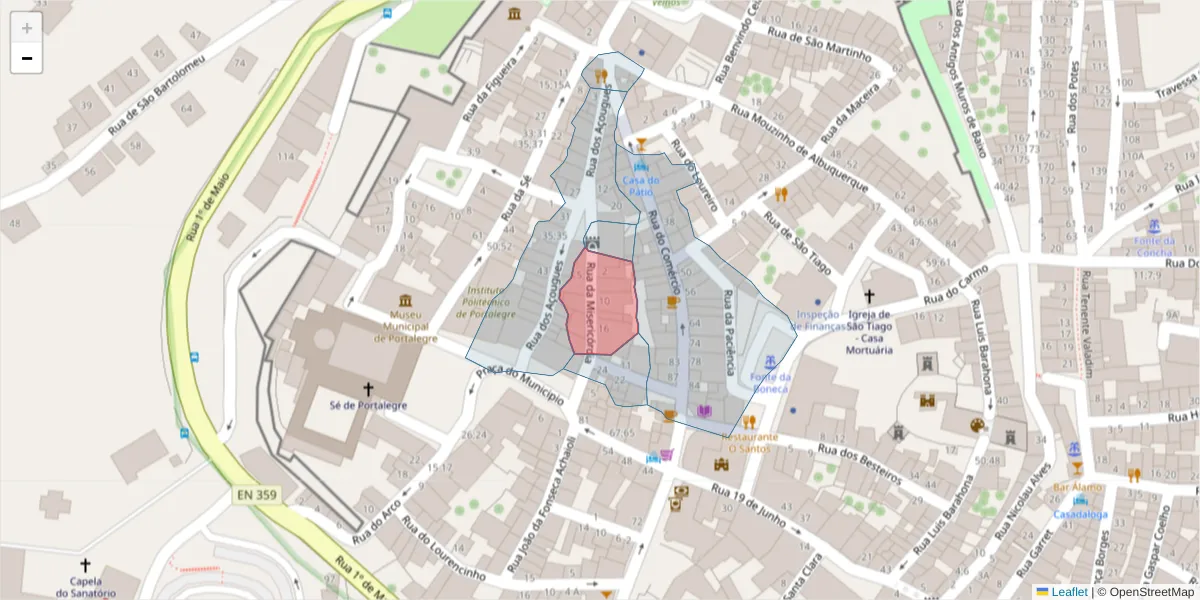 Mapa detalhado do código postal 7300-141 com limites, códigos postais vizinhos e agências dos correios