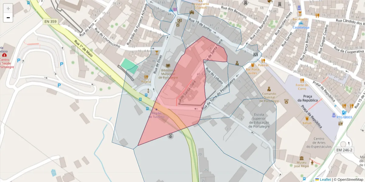 Mapa detalhado do código postal 7300-150 com limites, códigos postais vizinhos e agências dos correios