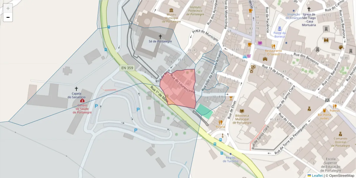 Mapa detalhado do código postal 7300-151 com limites, códigos postais vizinhos e agências dos correios