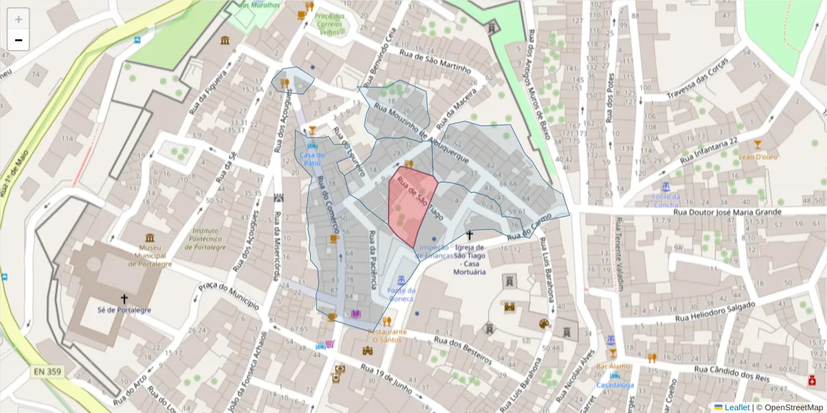 Mapa detalhado do código postal 7300-153 com limites, códigos postais vizinhos e agências dos correios