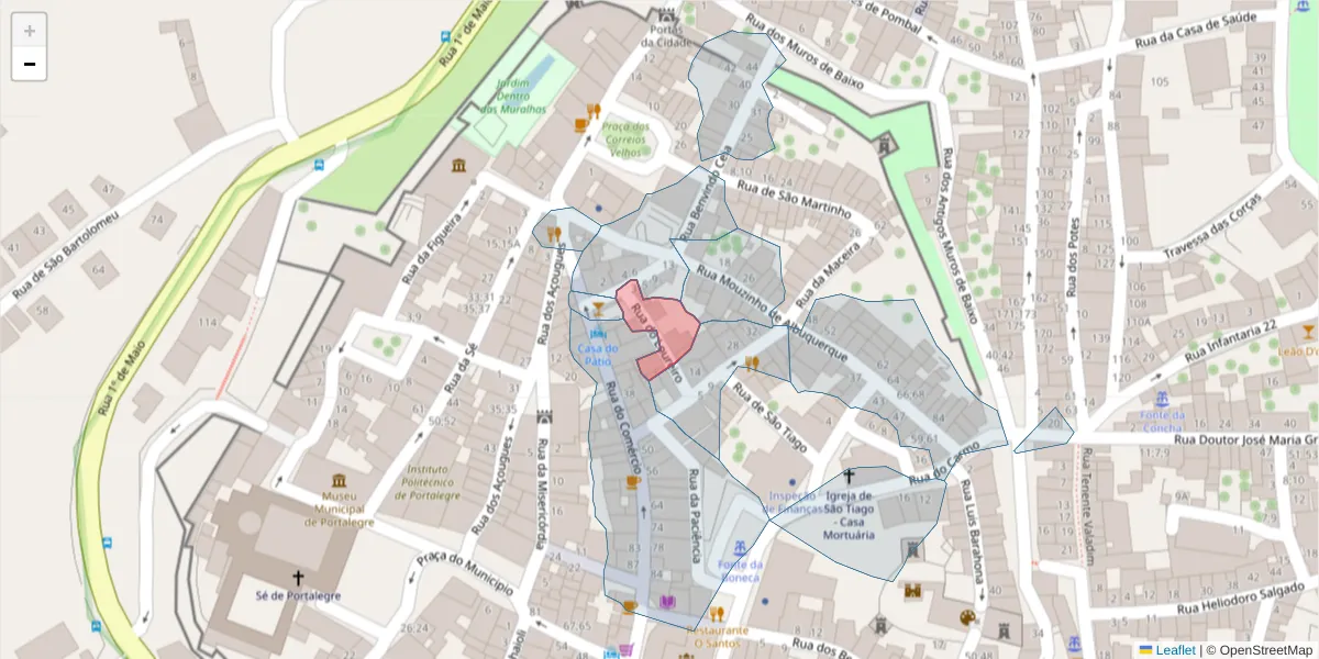 Mapa detalhado do código postal 7300-163 com limites, códigos postais vizinhos e agências dos correios