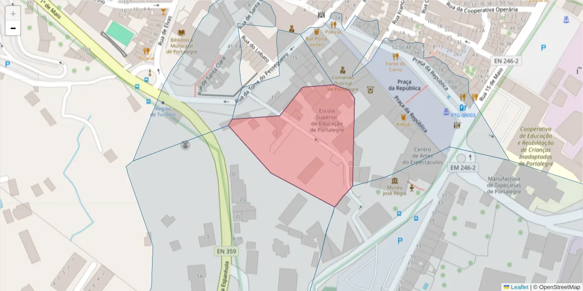 Mapa detalhado do código postal 7300-165 com limites, códigos postais vizinhos e agências dos correios