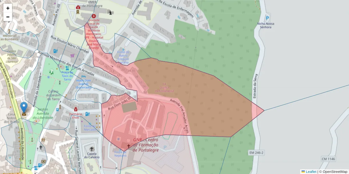 Mapa detalhado do código postal 7300-168 com limites, códigos postais vizinhos e agências dos correios