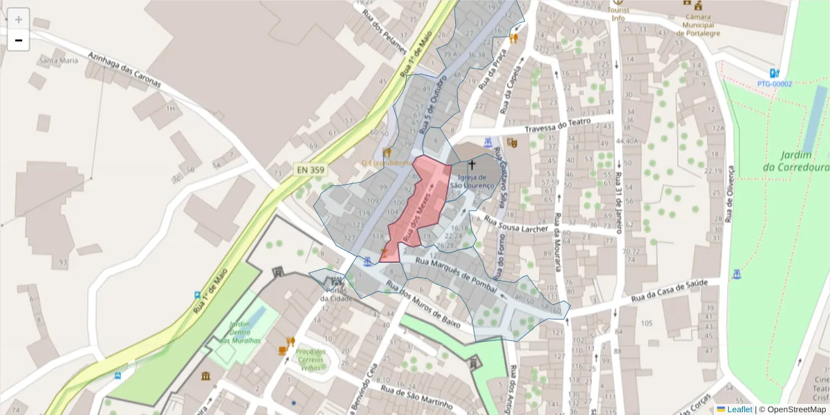 Mapa detalhado do código postal 7300-171 com limites, códigos postais vizinhos e agências dos correios