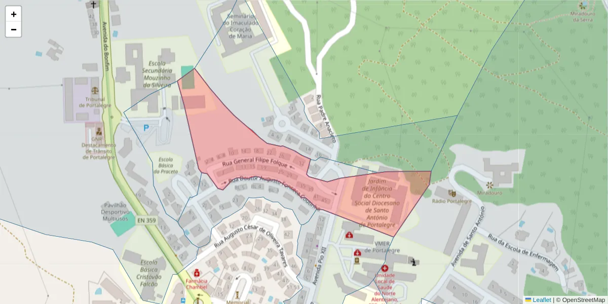 Mapa detalhado do código postal 7300-180 com limites, códigos postais vizinhos e agências dos correios