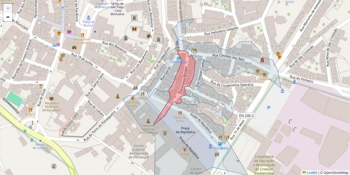 Mapa detalhado do código postal 7300-182 com limites, códigos postais vizinhos e agências dos correios