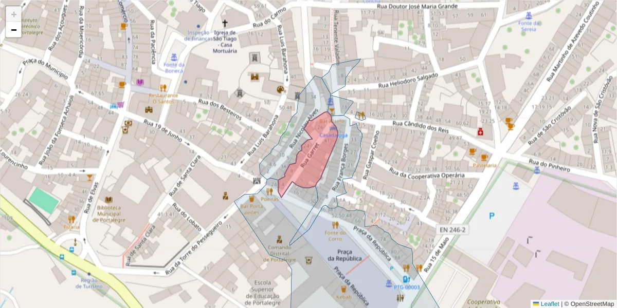 Mapa detalhado do código postal 7300-183 com limites, códigos postais vizinhos e agências dos correios
