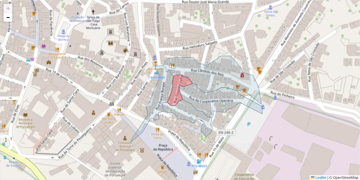 Mapa detalhado do código postal 7300-184 com limites, códigos postais vizinhos e agências dos correios