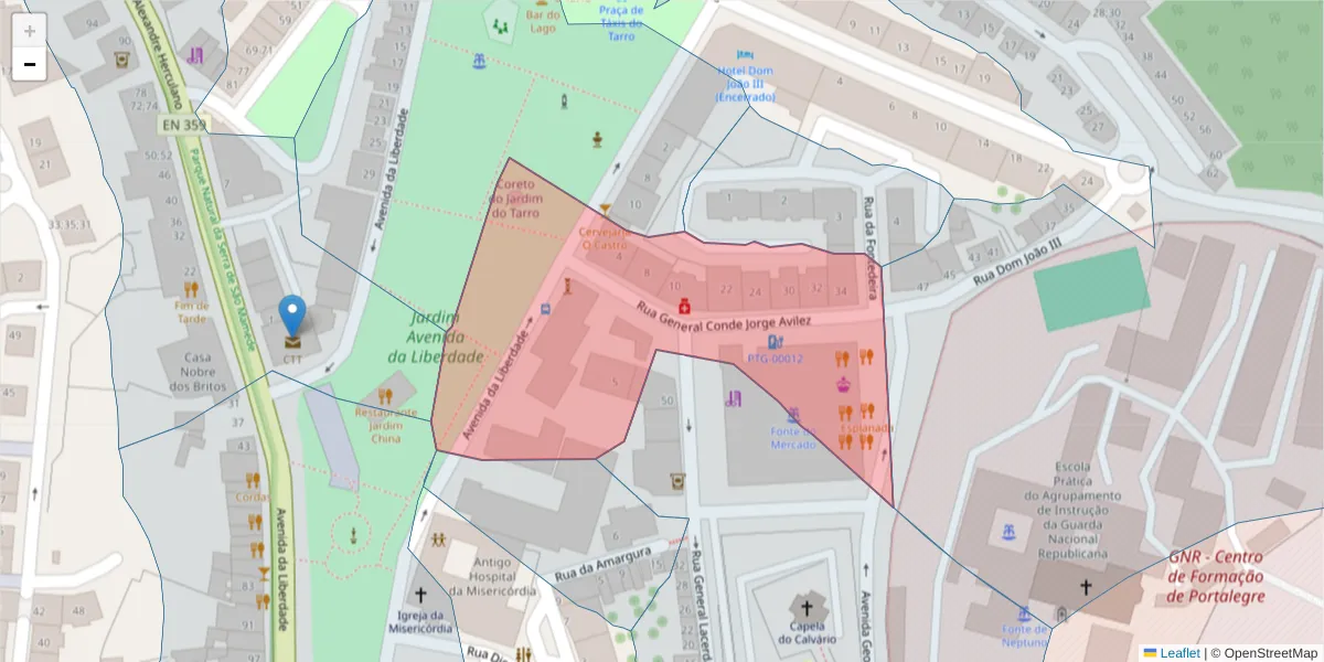 Mapa detalhado do código postal 7300-185 com limites, códigos postais vizinhos e agências dos correios