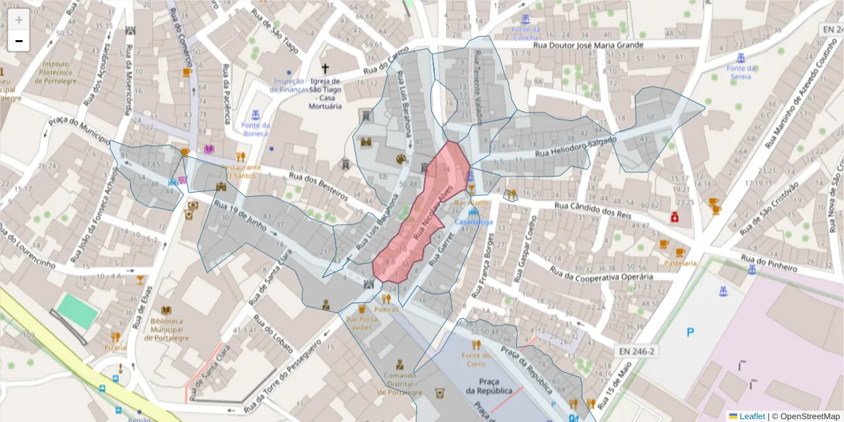 Mapa detalhado do código postal 7300-198 com limites, códigos postais vizinhos e agências dos correios