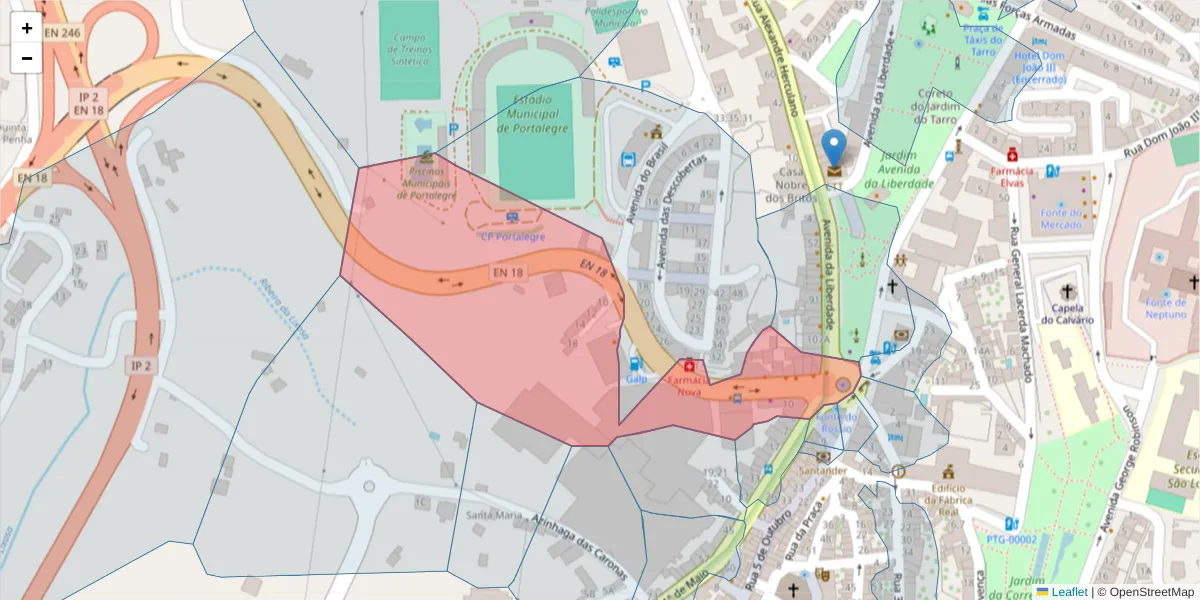 Mapa detalhado do código postal 7300-200 com limites, códigos postais vizinhos e agências dos correios