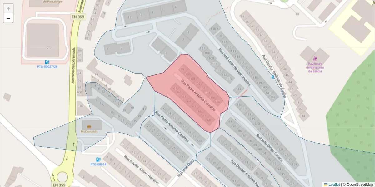Mapa detalhado do código postal 7300-202 com limites, códigos postais vizinhos e agências dos correios