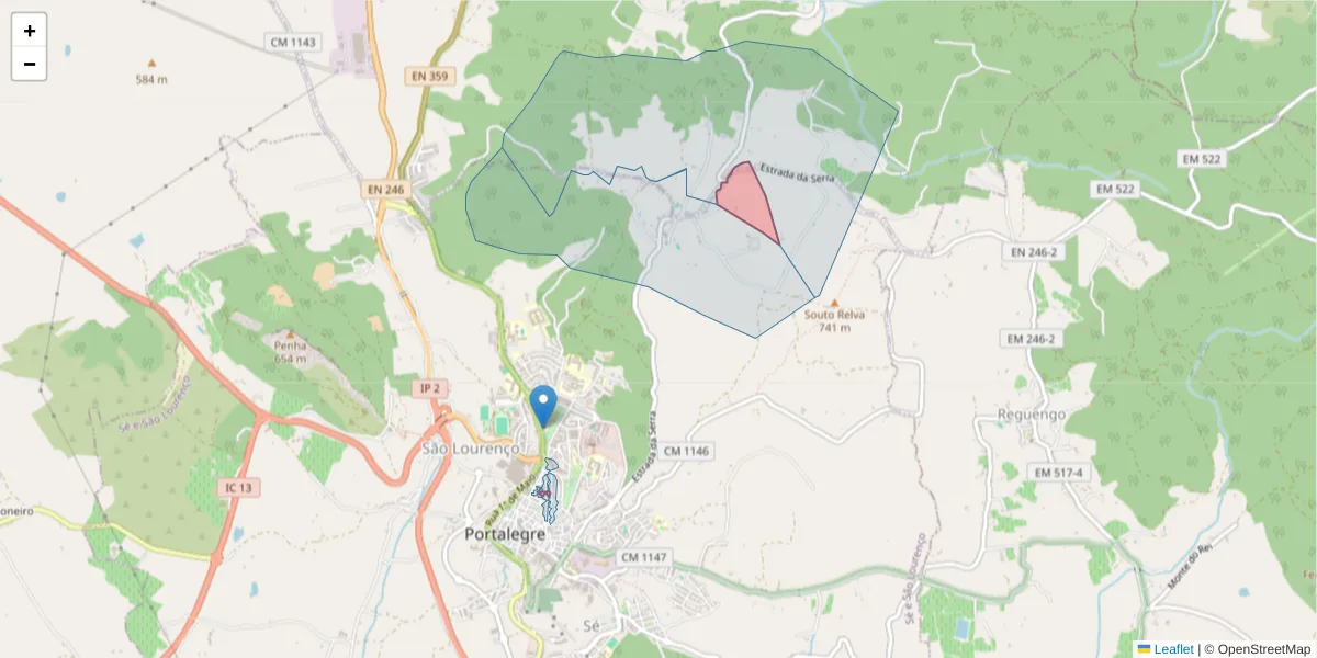 Mapa detalhado do código postal 7300-208 com limites, códigos postais vizinhos e agências dos correios