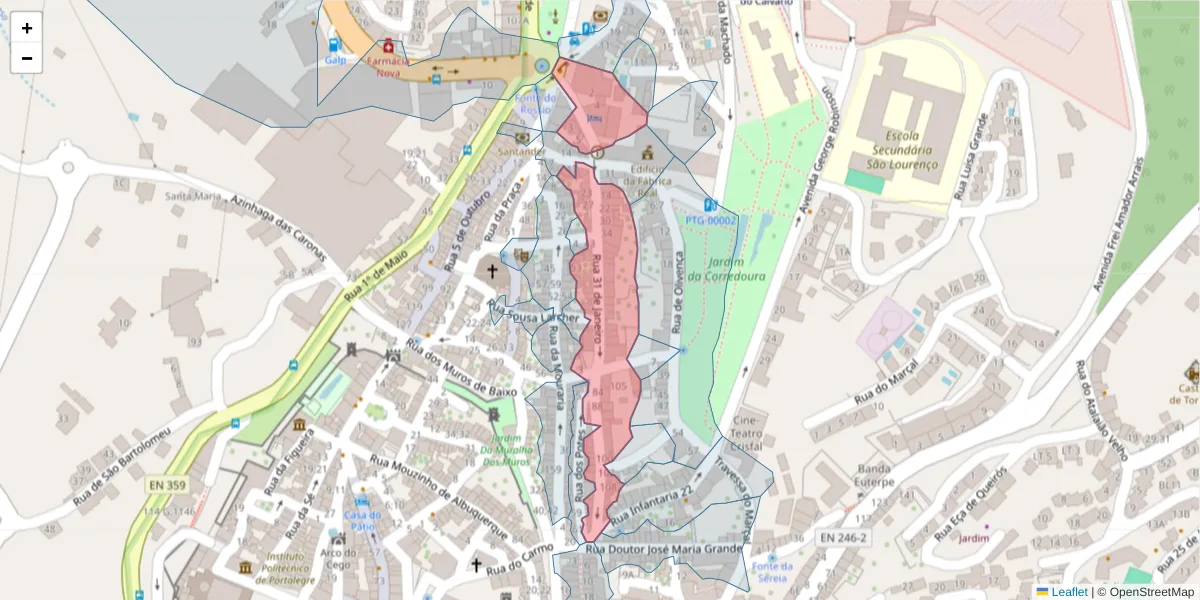Mapa detalhado do código postal 7300-211 com limites, códigos postais vizinhos e agências dos correios