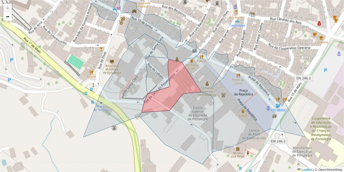 Mapa detalhado do código postal 7300-213 com limites, códigos postais vizinhos e agências dos correios