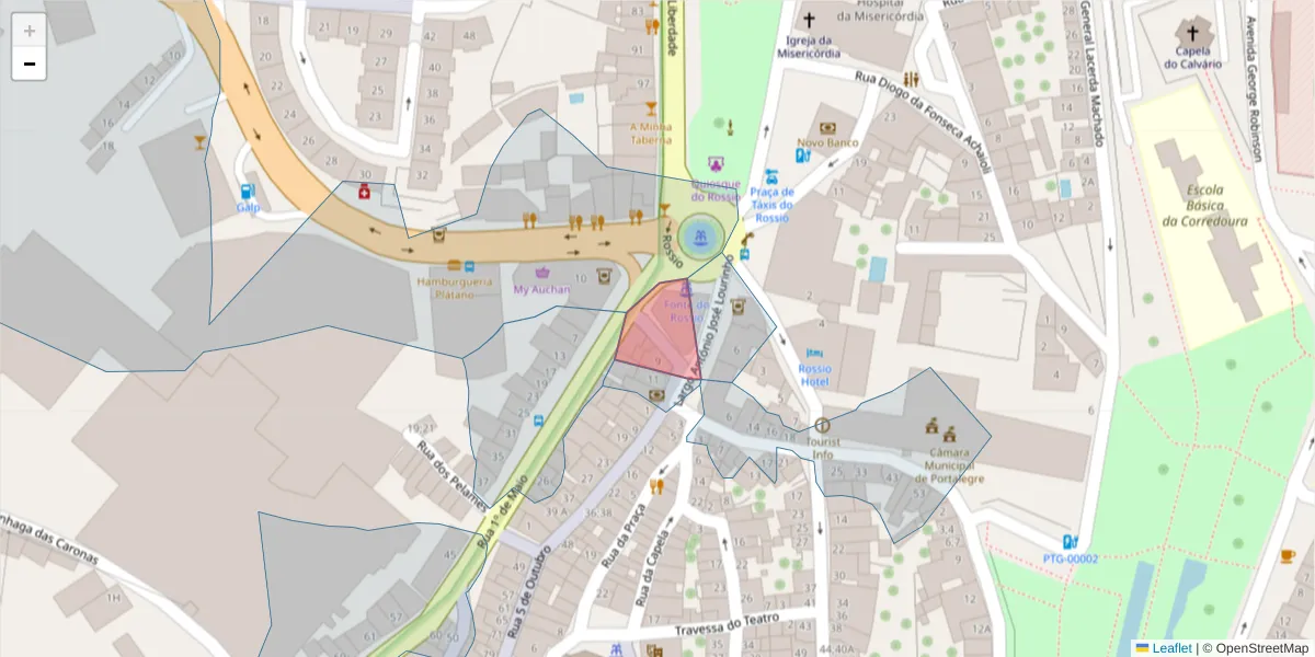 Mapa detalhado do código postal 7300-214 com limites, códigos postais vizinhos e agências dos correios