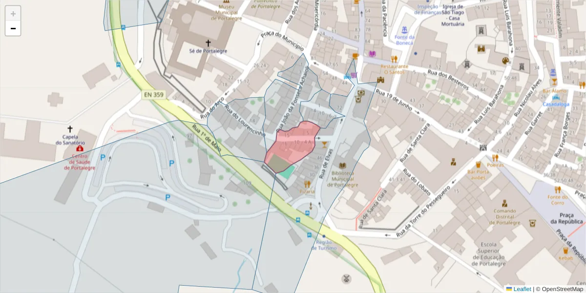 Mapa detalhado do código postal 7300-217 com limites, códigos postais vizinhos e agências dos correios