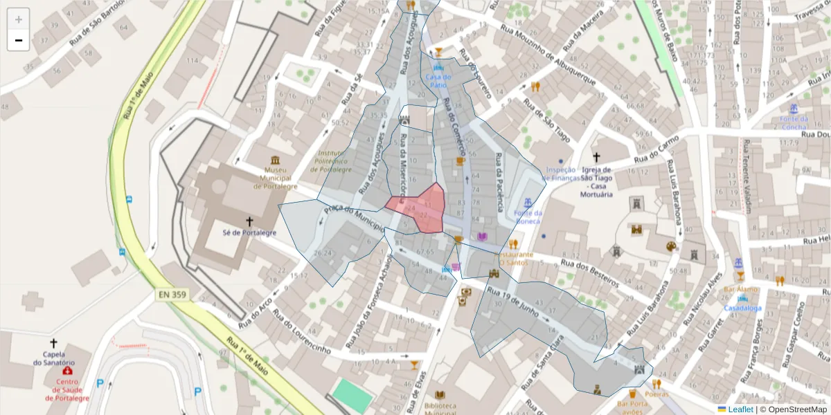 Mapa detalhado do código postal 7300-218 com limites, códigos postais vizinhos e agências dos correios