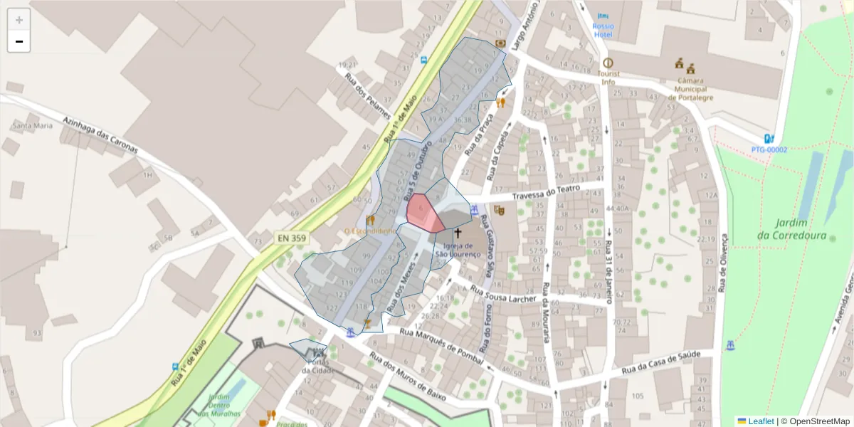 Mapa detalhado do código postal 7300-232 com limites, códigos postais vizinhos e agências dos correios