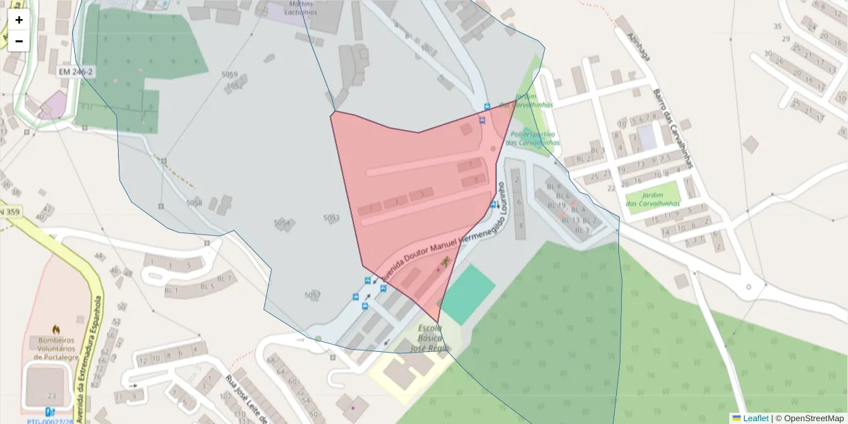 Mapa detalhado do código postal 7300-233 com limites, códigos postais vizinhos e agências dos correios