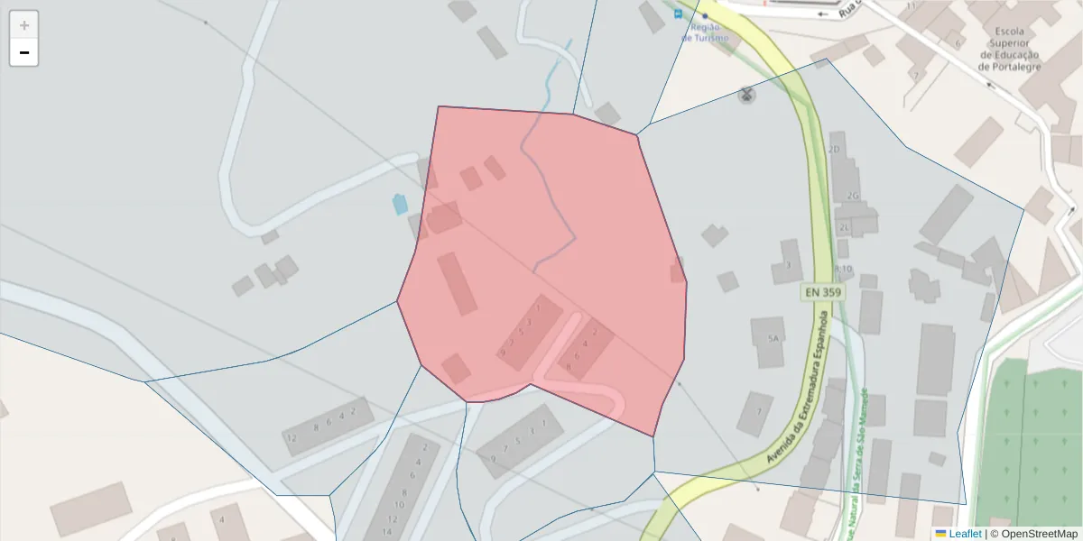 Mapa detalhado do código postal 7300-296 com limites, códigos postais vizinhos e agências dos correios