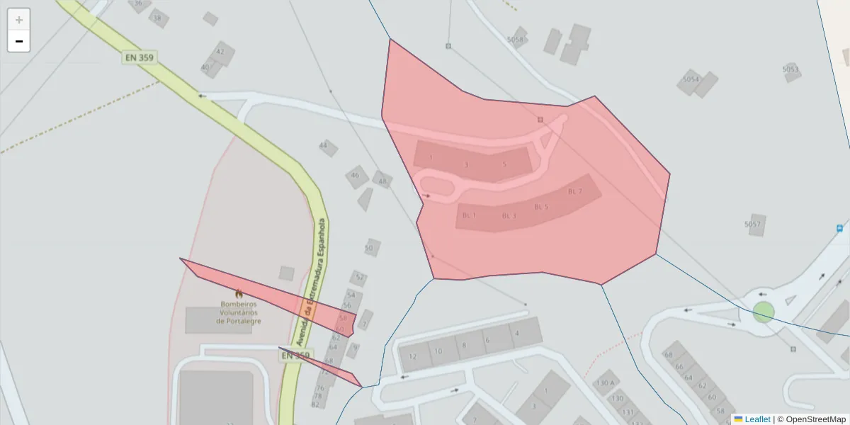 Mapa detalhado do código postal 7300-305 com limites, códigos postais vizinhos e agências dos correios
