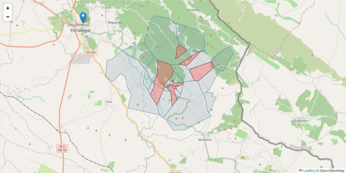 Mapa detalhado do código postal 7300-311 com limites, códigos postais vizinhos e agências dos correios