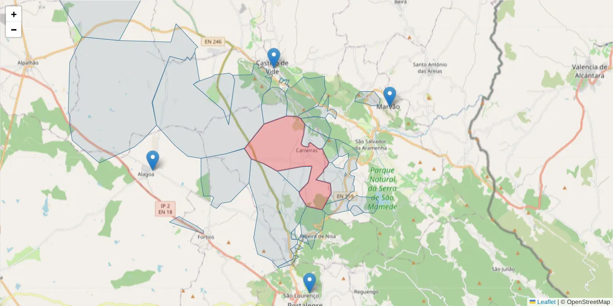 Mapa detalhado do código postal 7300-355 com limites, códigos postais vizinhos e agências dos correios
