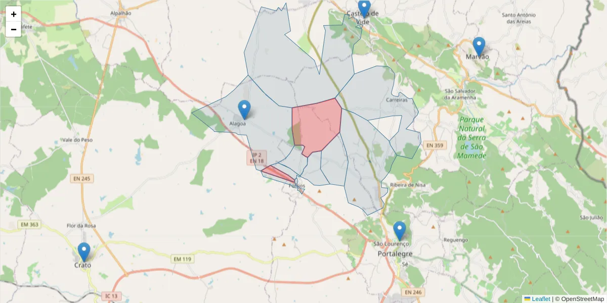Mapa detalhado do código postal 7300-380 com limites, códigos postais vizinhos e agências dos correios