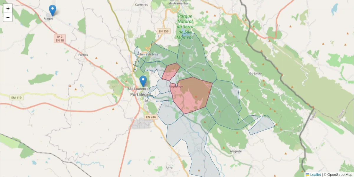 Mapa detalhado do código postal 7300-405 com limites, códigos postais vizinhos e agências dos correios