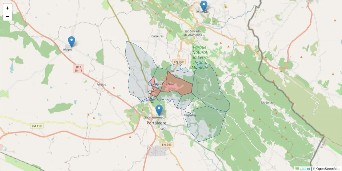 Mapa detalhado do código postal 7300-430 com limites, códigos postais vizinhos e agências dos correios