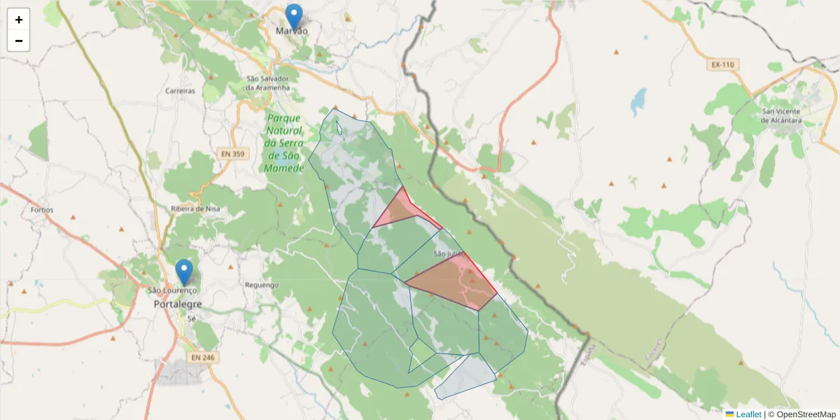 Mapa detalhado do código postal 7300-451 com limites, códigos postais vizinhos e agências dos correios