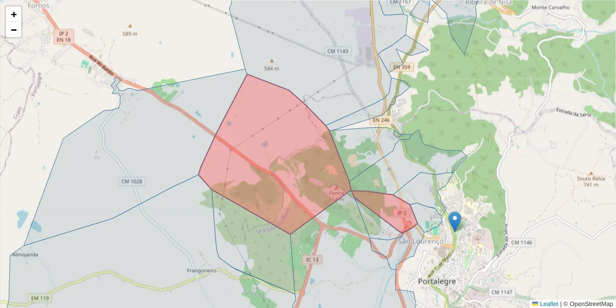 Mapa detalhado do código postal 7300-498 com limites, códigos postais vizinhos e agências dos correios