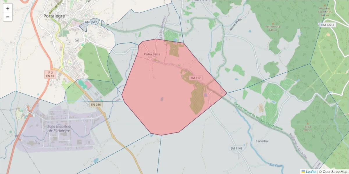 Mapa detalhado do código postal 7300-529 com limites, códigos postais vizinhos e agências dos correios