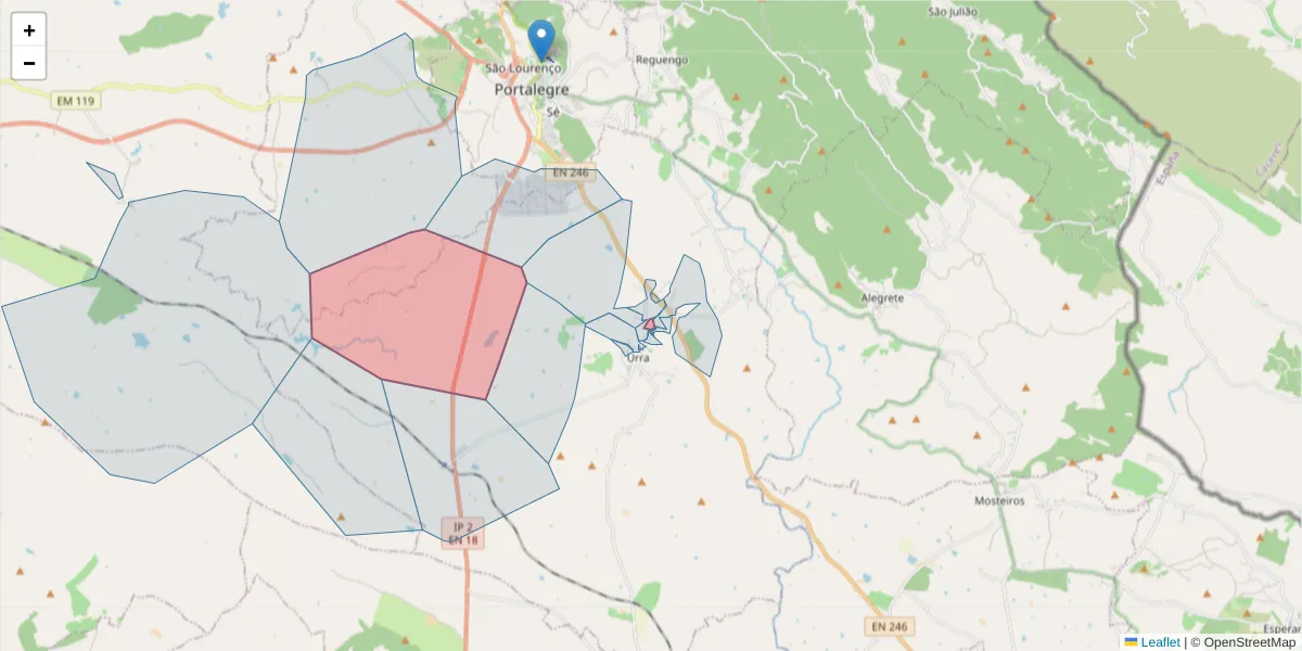 Mapa detalhado do código postal 7300-609 com limites, códigos postais vizinhos e agências dos correios