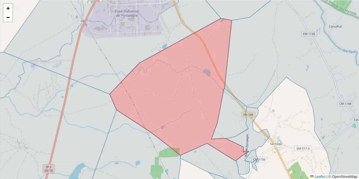 Mapa detalhado do código postal 7300-610 com limites, códigos postais vizinhos e agências dos correios