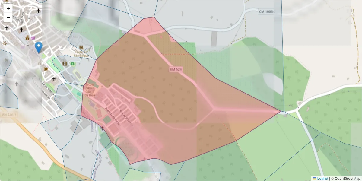 Mapa detalhado do código postal 7320-102 com limites, códigos postais vizinhos e agências dos correios