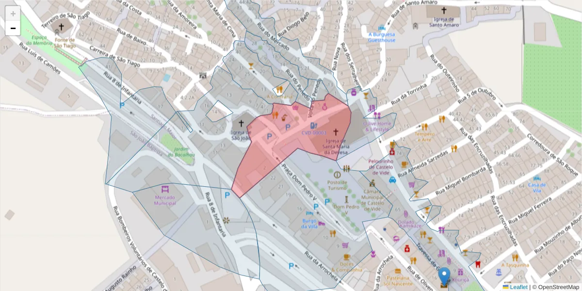 Mapa detalhado do código postal 7320-105 com limites, códigos postais vizinhos e agências dos correios
