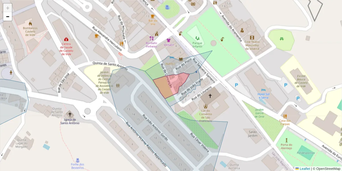 Mapa detalhado do código postal 7320-108 com limites, códigos postais vizinhos e agências dos correios