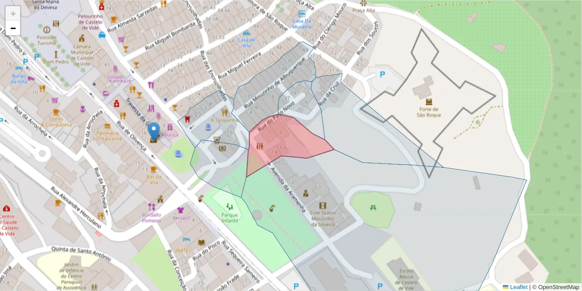 Mapa detalhado do código postal 7320-111 com limites, códigos postais vizinhos e agências dos correios