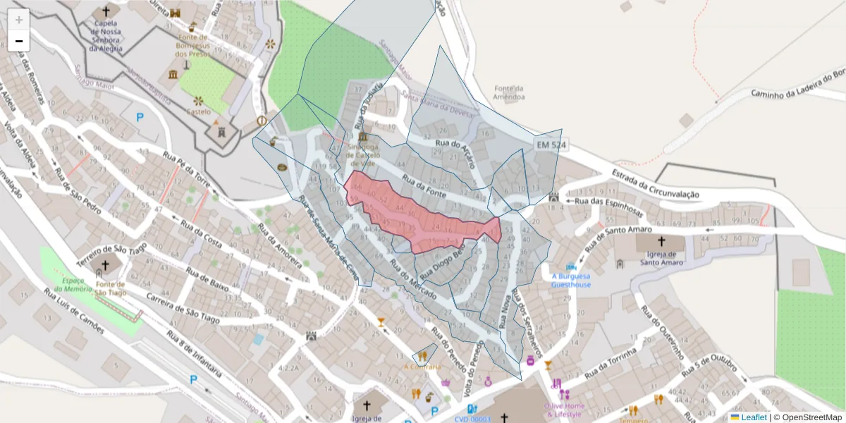 Mapa detalhado do código postal 7320-130 com limites, códigos postais vizinhos e agências dos correios