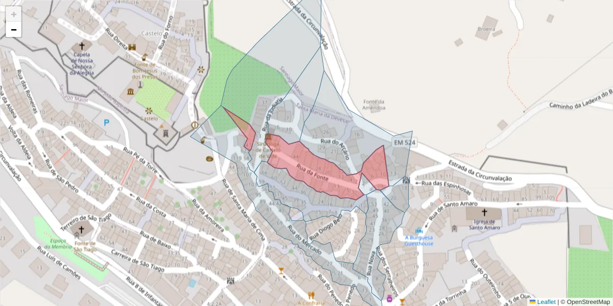 Mapa detalhado do código postal 7320-150 com limites, códigos postais vizinhos e agências dos correios