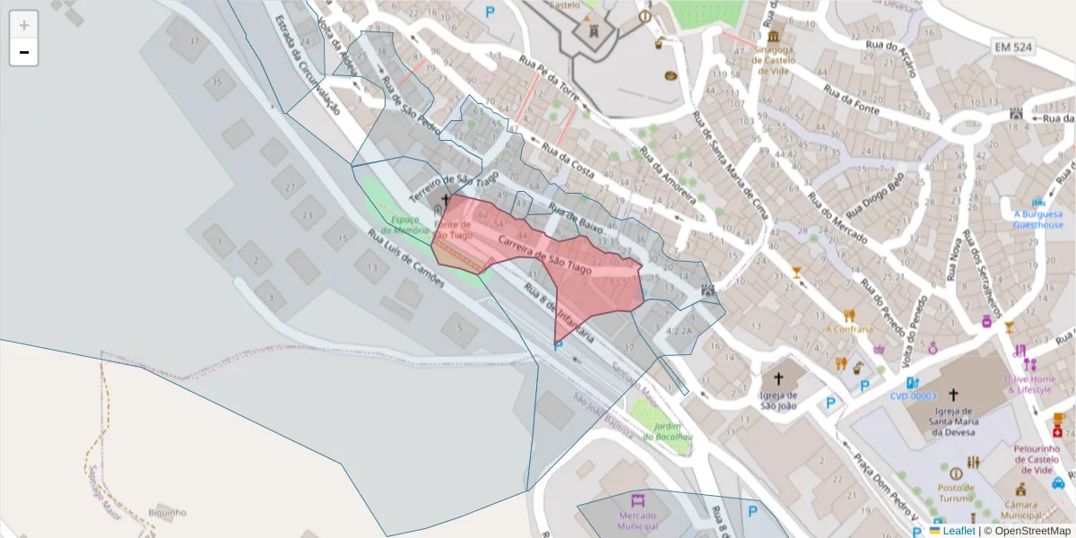 Mapa detalhado do código postal 7320-157 com limites, códigos postais vizinhos e agências dos correios