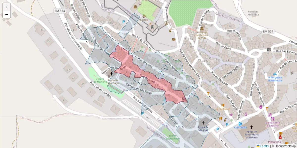 Mapa detalhado do código postal 7320-164 com limites, códigos postais vizinhos e agências dos correios