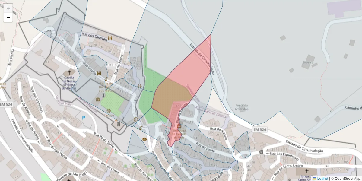 Mapa detalhado do código postal 7320-190 com limites, códigos postais vizinhos e agências dos correios