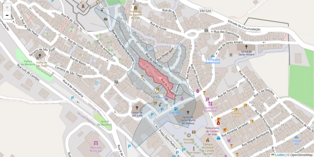 Mapa detalhado do código postal 7320-196 com limites, códigos postais vizinhos e agências dos correios