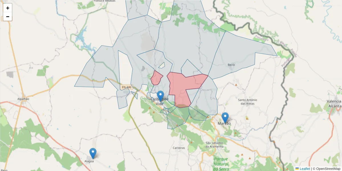 Mapa detalhado do código postal 7320-201 com limites, códigos postais vizinhos e agências dos correios
