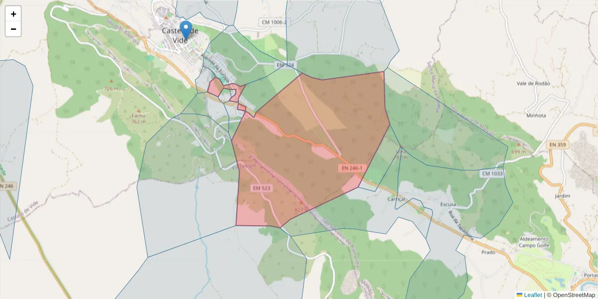 Mapa detalhado do código postal 7320-202 com limites, códigos postais vizinhos e agências dos correios